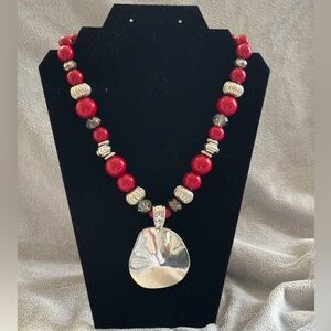 Chic Signed Jules C Red and Silver Beaded Necklace